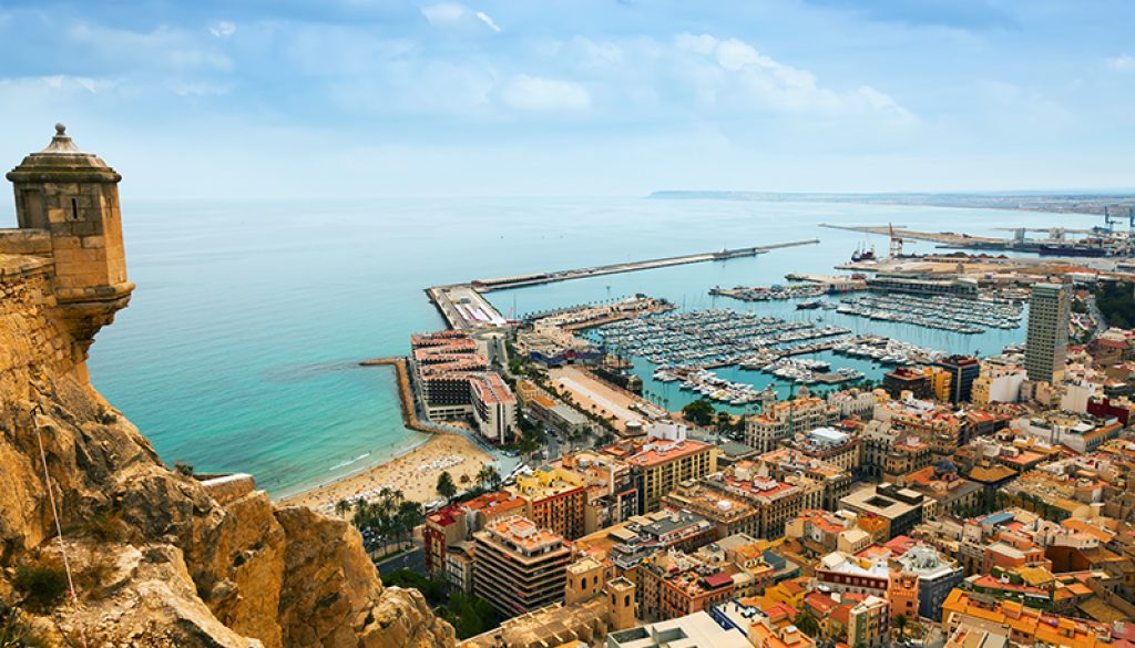 Alicante with docked yachts from castle. Spain